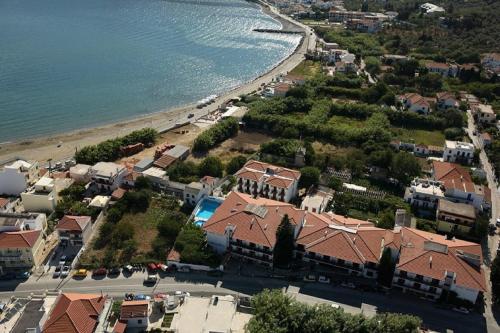 an aerial view of a town next to the beach at Amalia Hotel in Skopelos Town