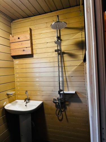 a bathroom with a sink and a shower at River Kemping in Jūrmala