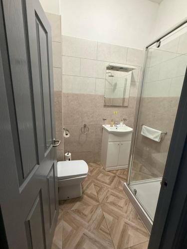 a bathroom with a toilet and a shower and a sink at The Town Hotel in Bridgwater