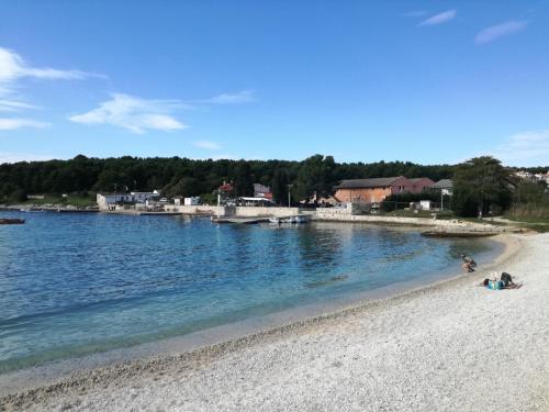a beach with people on the sand and water at Studio apartman Lea in Pula