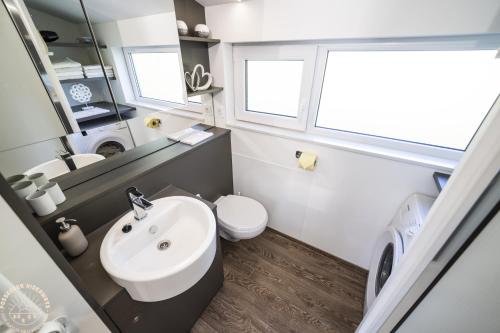 a bathroom with a sink and a toilet and a mirror at Possegger Hideaways in Zödl
