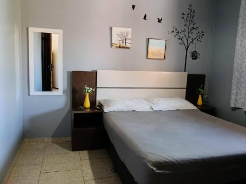 a bedroom with a large bed and a mirror at Verde Mar Abricó 2 in Rio das Ostras
