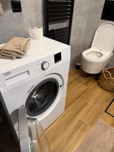a washing machine in a bathroom with a toilet at Studio apartment in Slezská Ostrava