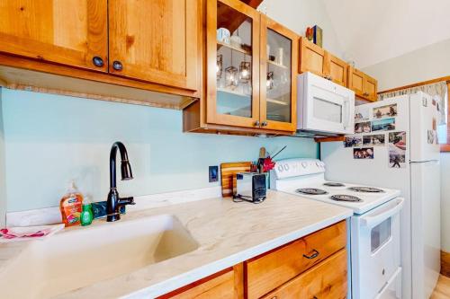 a kitchen with a sink and a white refrigerator at Cozy Mountain Getaway in Proctorsville