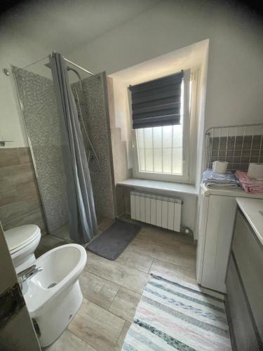 a bathroom with a toilet and a shower and a sink at Il rifugio di Pongo in Ivrea