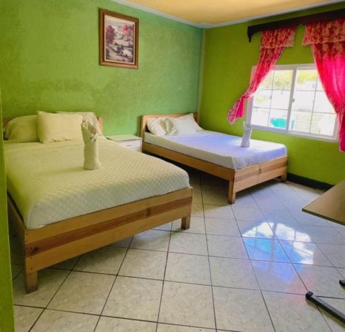two beds in a room with green walls at Apartamento el Amigo in Panajachel