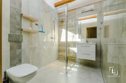 a bathroom with a toilet and a shower and a sink at Willa Zacisze - Ostrowo - Komfortowe Apartamenty i Pokoje w cichej okolicy - Oaza spokoju in Ostrowo