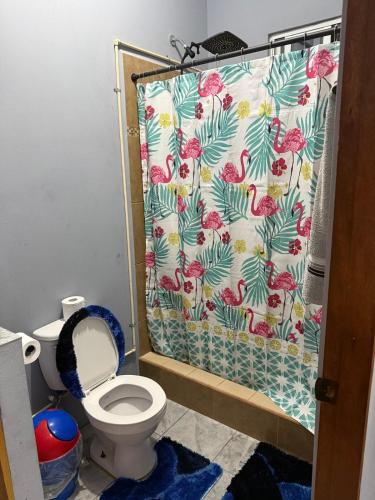 a bathroom with a shower curtain with a toilet at Tees Place in Hopkins