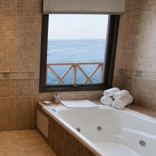 a bathroom with a bath tub with a window at Xelena Hotel & Suites in El Calafate