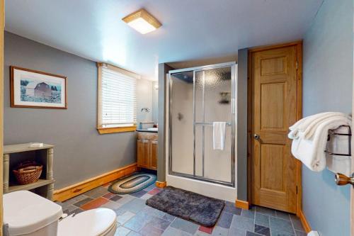 a bathroom with a shower and a toilet and a sink at Wish Upon A Star in Windham