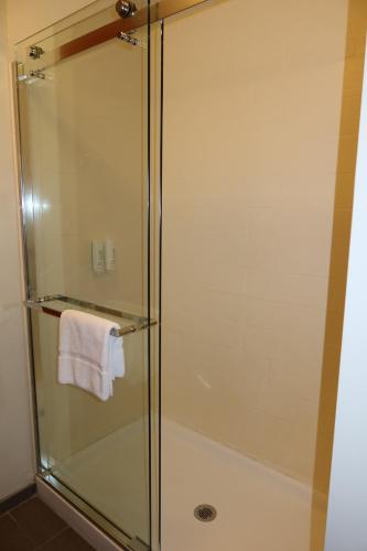 a glass shower stall with a white towel in a bathroom at Sleep Inn & Suites Oregon - Madison in Oregon