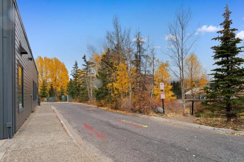 an empty road in the fall with trees at Blazing Saddles #102 in Breckenridge