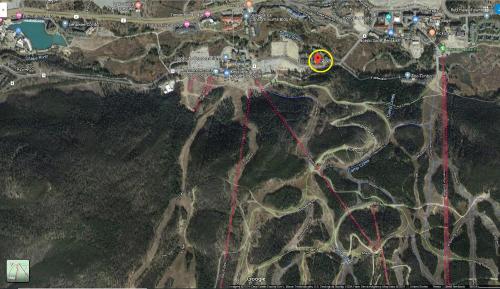 a map of a parking lot with a red circle at Key Condo #2929 in Keystone