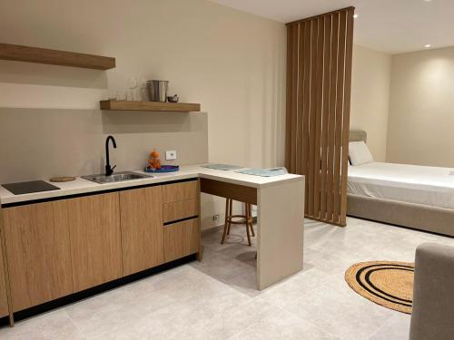 a kitchen with a sink and a bed in a room at Piknik Suites in Dhërmi