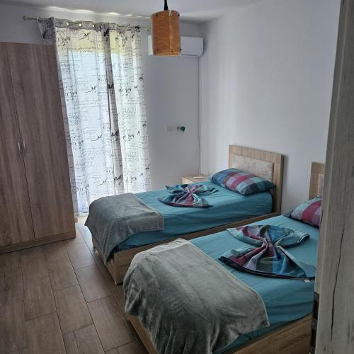 a bedroom with two beds and a window at Villa Doku in Valjiosi