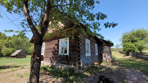 an old log cabin with a tree at Pirkia Miške in Kazitiškis