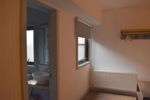 a bathroom with a white sink and a window at Casa Curacautin Hostel in Curacautín
