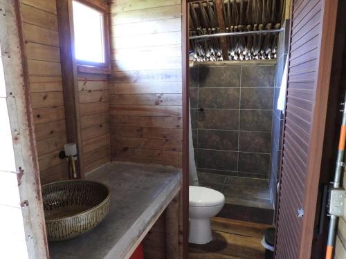a bathroom with a toilet and a sink and a shower at Ecopayara Hotel Puerto Gaitán in Puerto Gaitán