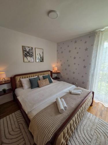 a bedroom with a large bed with stars on the wall at Piva Rustic Escape in Plužine