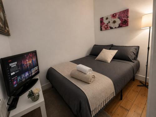 a bedroom with a bed and a flat screen tv at Comfortable 2 Bedroom Flat in Leith in Edinburgh
