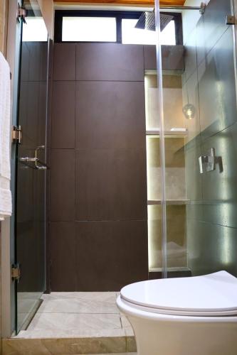 a bathroom with a glass shower with a toilet at Jardín de Janaab' in San Antonio Palopó