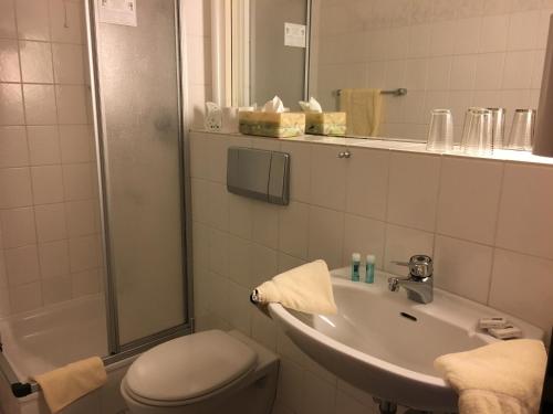 a bathroom with a sink and a toilet and a shower at Hotel Zur Buche in Bockhorn