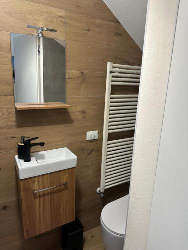a bathroom with a sink and a toilet and a mirror at Salsedine house in Punta Marina