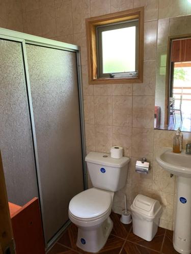 a bathroom with a toilet and a shower and a sink at Pichares in Pichare
