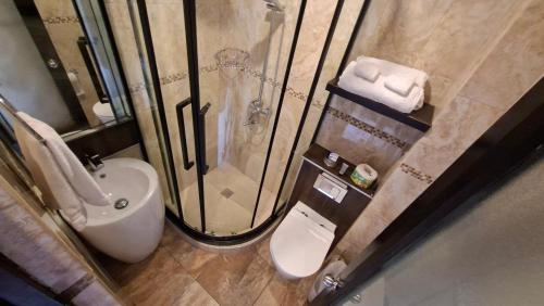 a bathroom with a shower and a toilet and a sink at Studio Suite 11 in Ocho Rios