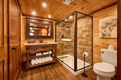 a bathroom with a shower and a toilet and a sink at The Derby Inn in Hot Springs