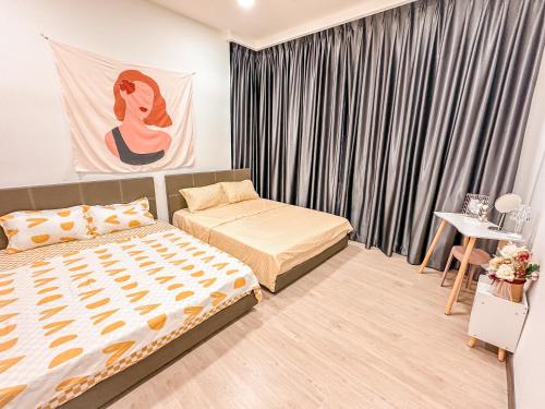 a bedroom with two beds and a window at [Starry Homes @ Green Haven] 2Beds 2Bath+Pool View in Masai