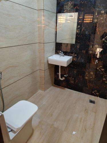 a bathroom with a sink and a toilet and a mirror at Hotel Empress Gold in Agra