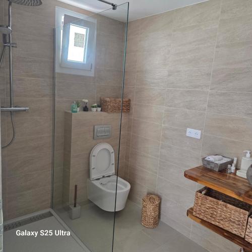ein Badezimmer mit Toilette und Glasdusche in der Unterkunft Chez philo in Alata