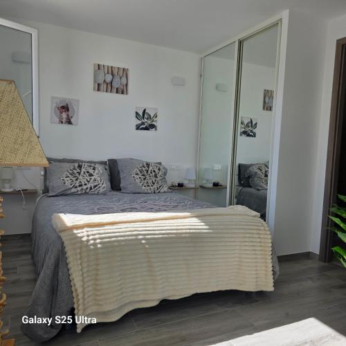 ein Schlafzimmer mit einem Kingsize-Bett und Spiegeln in der Unterkunft Chez philo in Alata