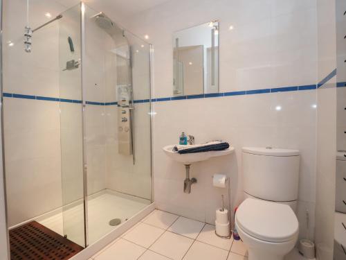a white bathroom with a shower and a toilet at Church View in Hull
