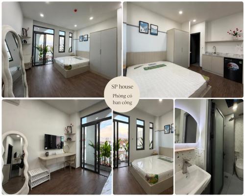 a collage of photos of a bedroom and a bathroom at SP house in Ho Chi Minh City