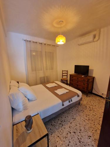 a bedroom with a bed and a desk and a television at A casa di catharina appartement in Zicavo