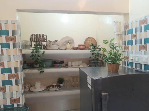 a room with shelves with dishes and plants on them at Beautiful 1-bed Apartment-Suite Kolkata near Airport in Kolkata