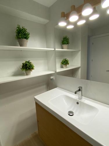 a bathroom with a sink and a mirror and potted plants at Saona Coast - Apartamento reformado en playa Arenal, Jávea in Jávea