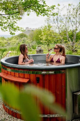 two women in a hot tub with glasses of wine at Baglyashegy Vendégház in Sümeg