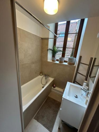 a bathroom with a tub and a sink and a tub and a toilet at Le cocon d'Avallon - terrasse privé in Avallon