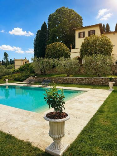 a plant in a vase in front of a pool at Podere di Montecchio - Le Andane in Tavarnuzze