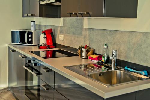 a kitchen counter with a sink and a microwave at Les Suites de Nanesse in Liège