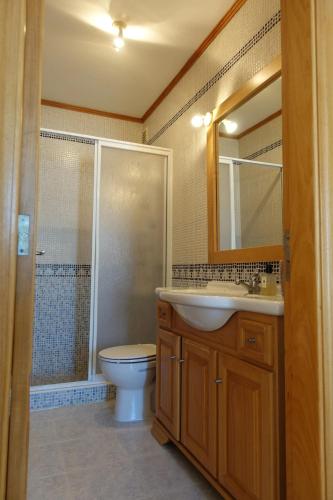 a bathroom with a sink and a toilet and a shower at Casa Lagoa Azul in Foz do Arelho