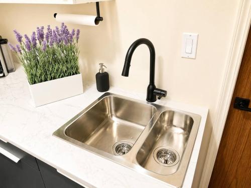 a stainless steel sink in a kitchen with a plant at Modern North Van Escape with 2BR BBQ Workspace in North Vancouver