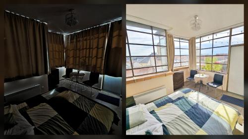 a bedroom with a bed and a room with a window at Rumbach Terrace Apartment in Budapest