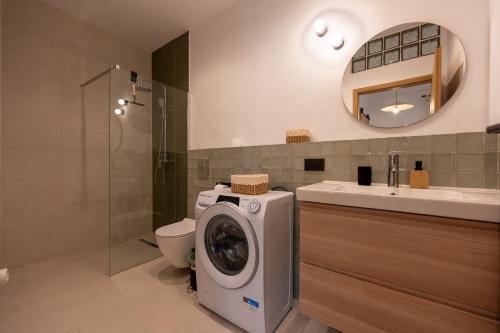a bathroom with a washing machine next to a toilet at Asini deluxe suite 1, with rooftop terrace and breathtaking views in Asíni
