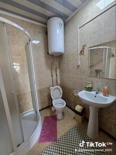 a bathroom with a toilet and a sink and a shower at Гостевой дом "Greenway Tourist" in Bosteri