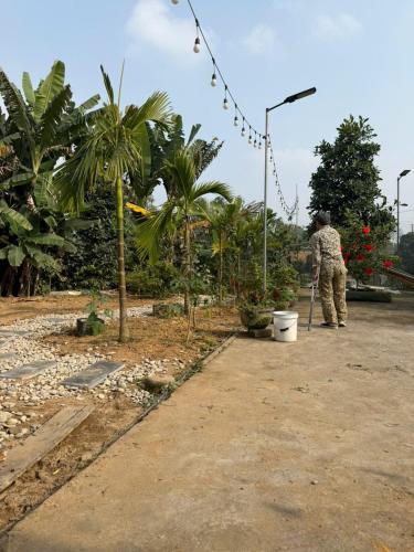 a man with a broom standing in a garden at Fish Farm Uncle Thanh in Xóm Soi (1)