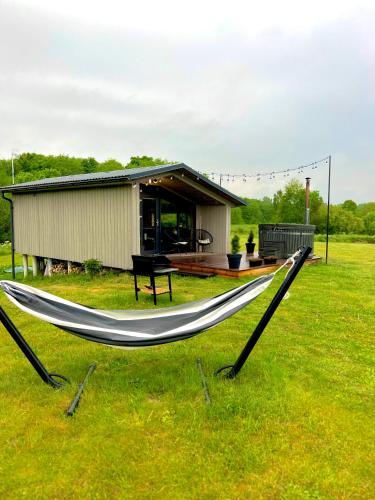 a hammock in a field in front of a building at Privatus romantiškas namelis dviems prie vandens Šilalės rajone in Dirkintai